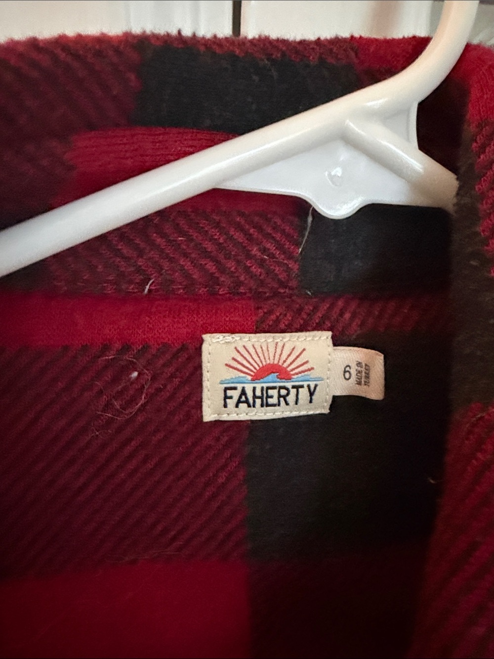 Faherty Kids Red and Black Buffalo Plaid Sherpa-Lined Shacket - Picture 2 of 4